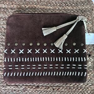Brown Suede Leather Boho Clutch | Embroidered Festival Envelope Bag